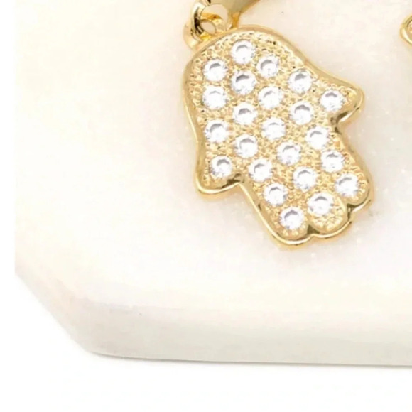 14K Solid Gold  Belly Ring Hoop with pave stone CZ stones Dangling Hamsa Charm - Picture 1 of 13